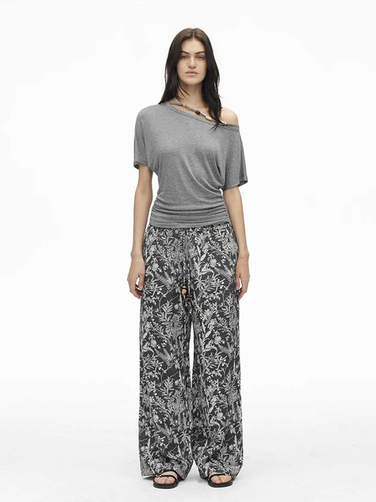 Dolled Office Draped One Shoulder Short Sleeve - Grey