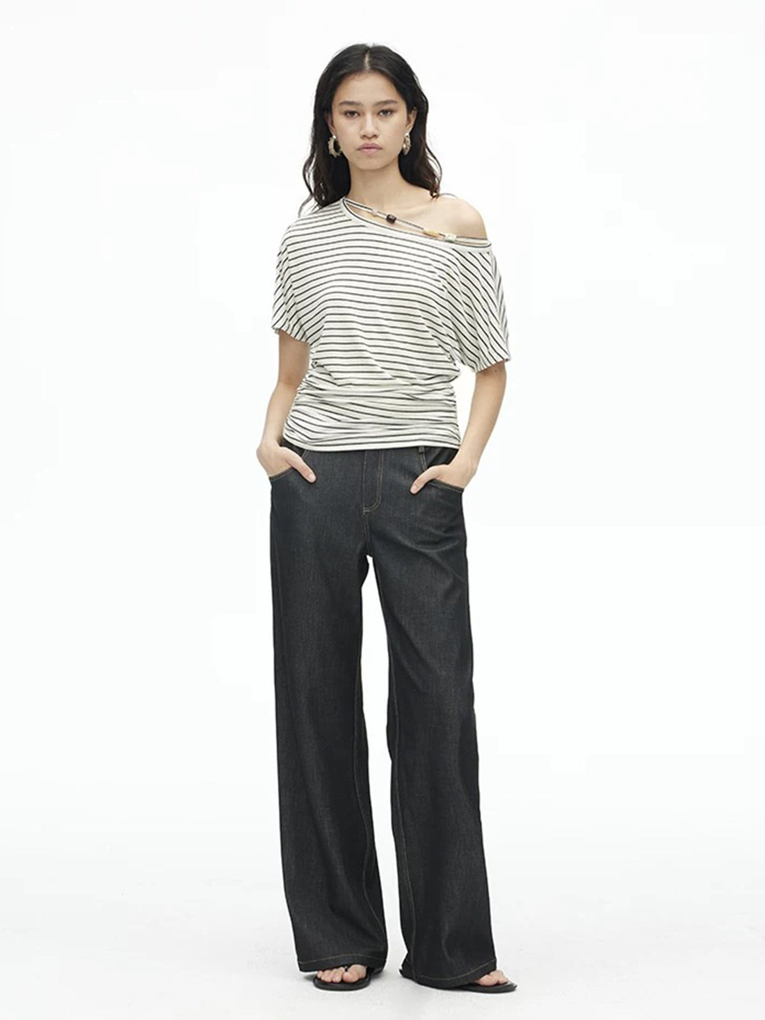Dolled Office Asymmetric Stripe Off-Shoulder Top - Multi
