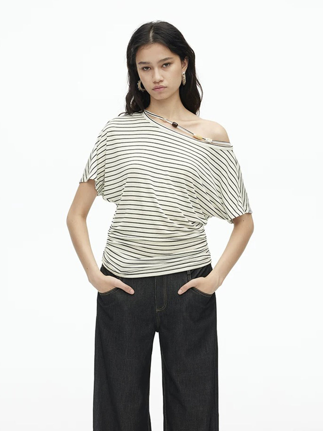 Dolled Office Asymmetric Stripe Off-Shoulder Top - Multi