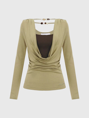 Dolled Office Layered-look Cut Out Long Sleeve - Olive