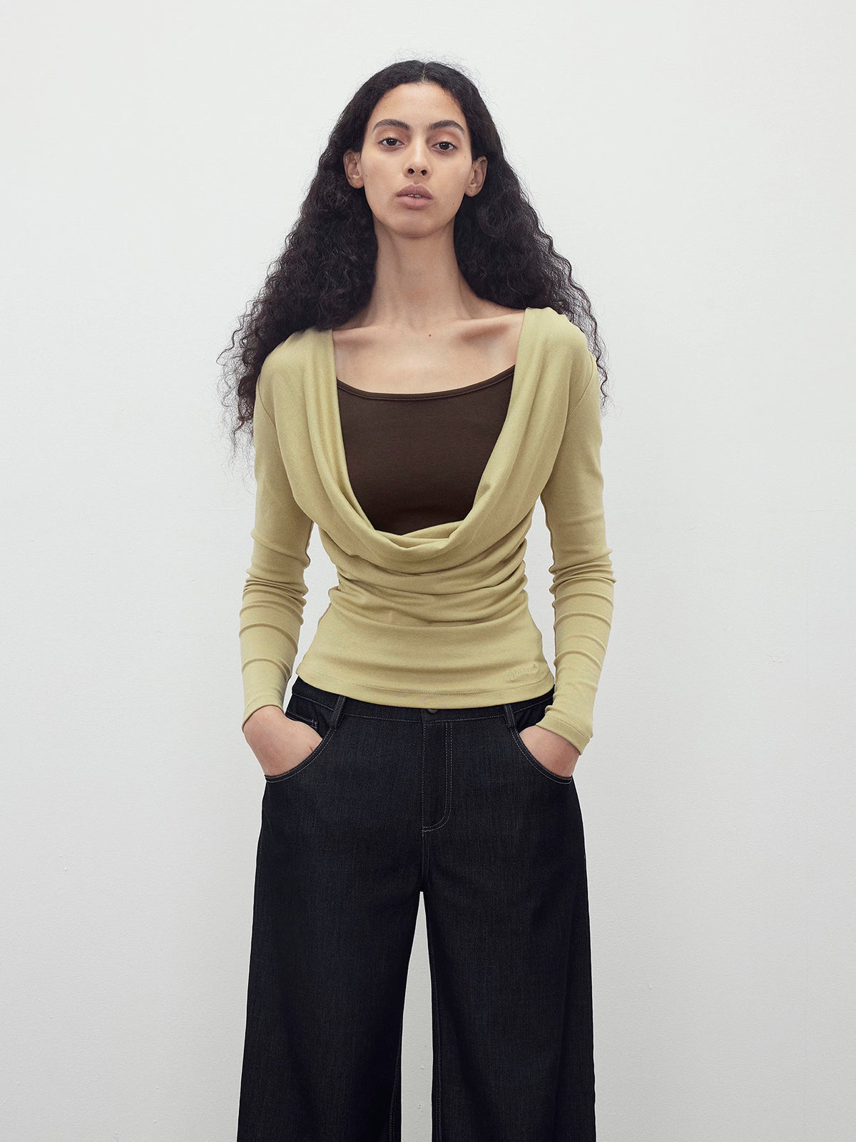 Dolled Office Layered-look Cut Out Long Sleeve - Olive
