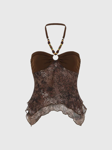 Brick Lane Halter Lace Cut Out Cami - Coffee