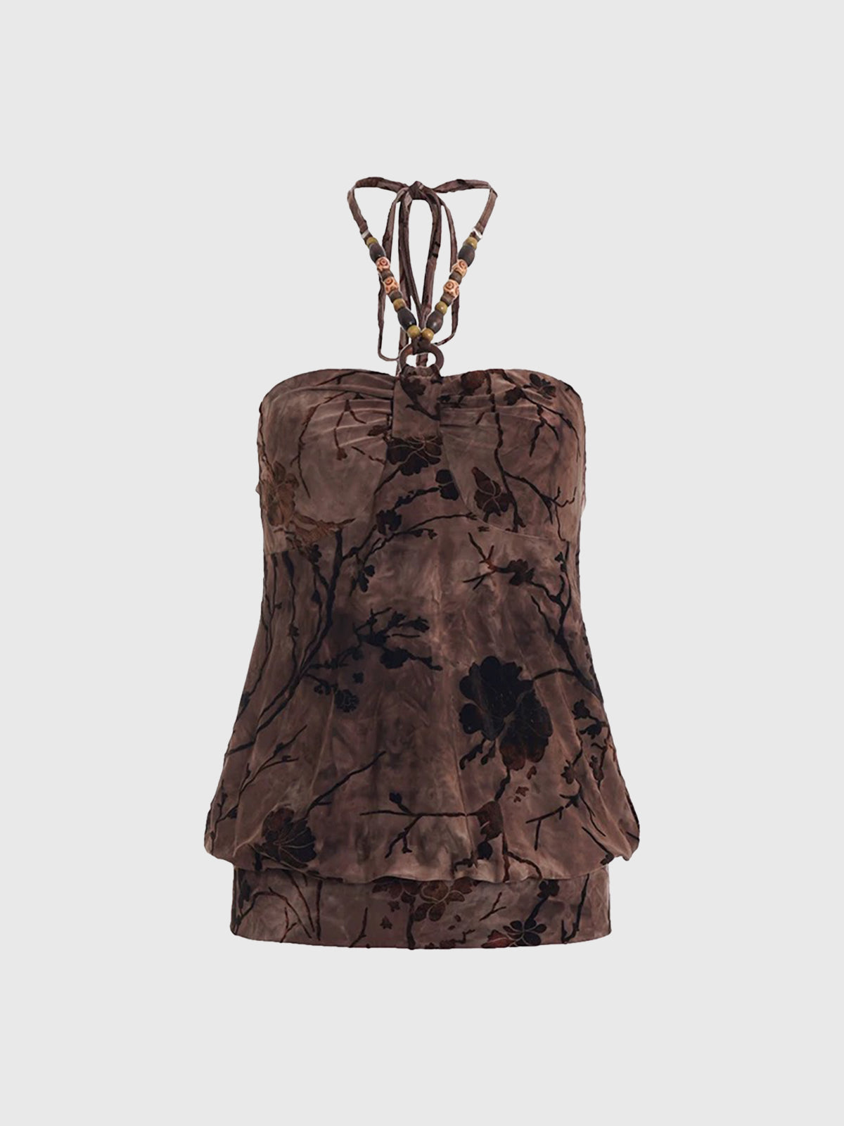 Brick Lane Halter Floral Texture Strappy Top - Brown