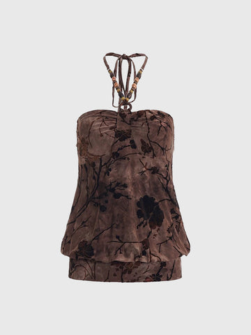 Brick Lane Halter Floral Texture Strappy Top - Brown