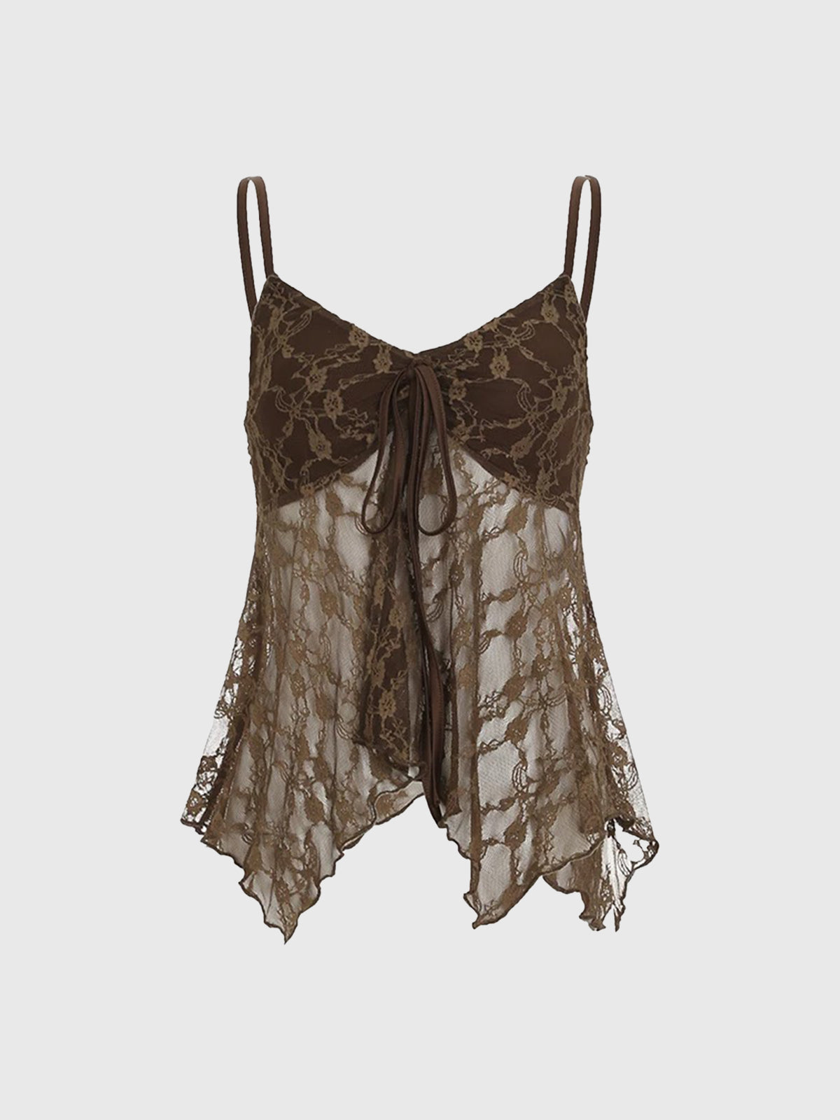 Brick Lane Lace Crochet Ruffled Cami Top - Coffee