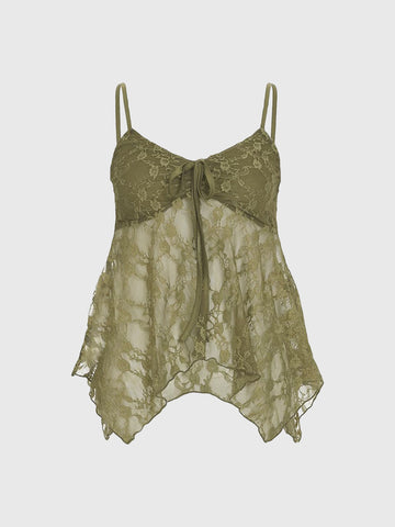 Brick Lane Lace Crochet Ruffled Cami Top - Green