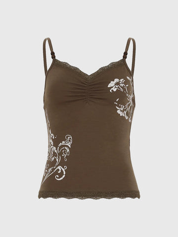 Brick Lane Butterfly Lace Trim Cami Top - Coffee