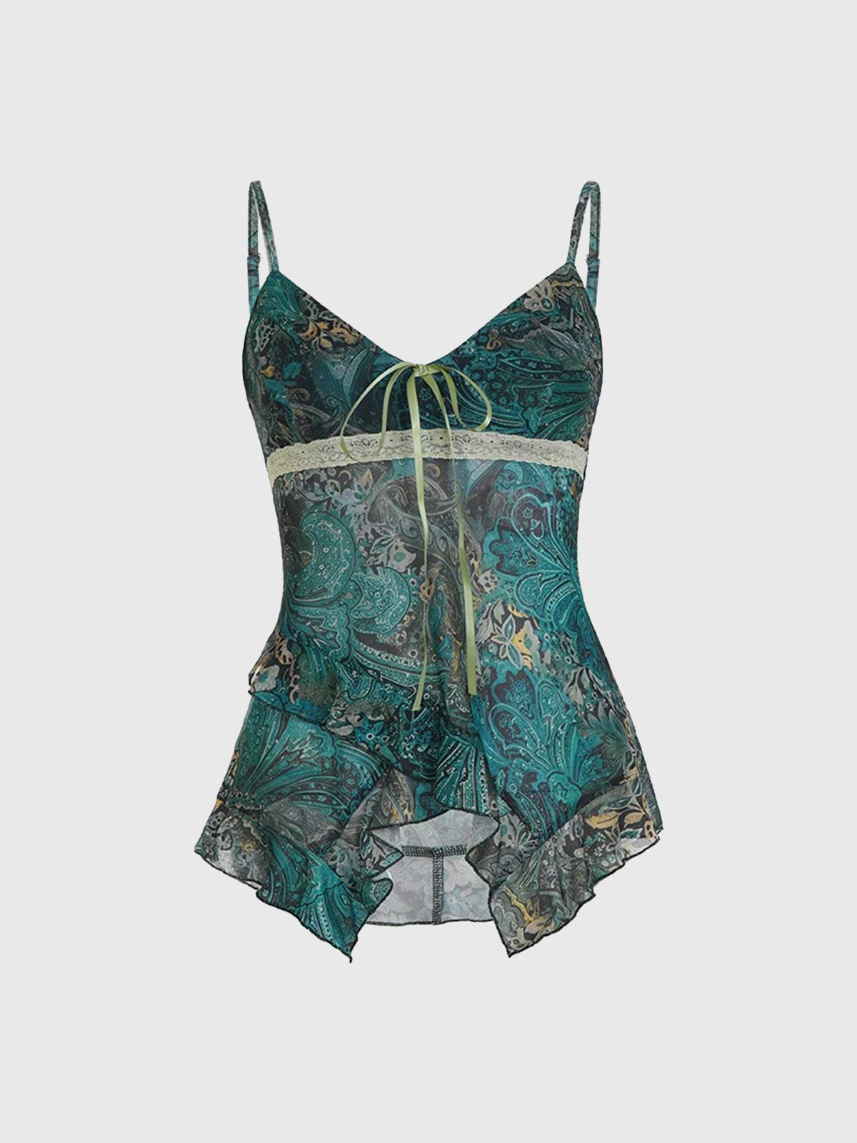 Brick Lane Retro Pattern Lace Patchwork Top - Teal