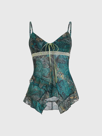 Brick Lane Retro Pattern Lace Patchwork Top - Teal