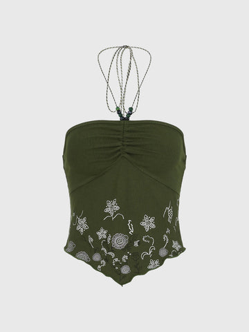 Brick Lane Halter Embroidered Cut Out Top - Green