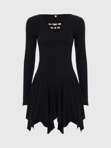 Brick Lane Skimming Irregular Hem Long Sleeve Mini Dress - Black