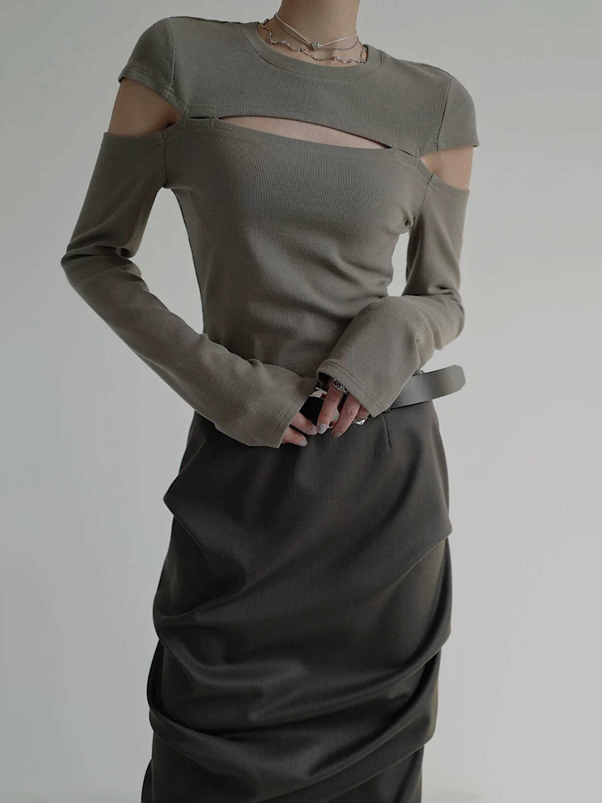 Brick Lane Skimming Cut Out Chest Detail Top - Sage Green