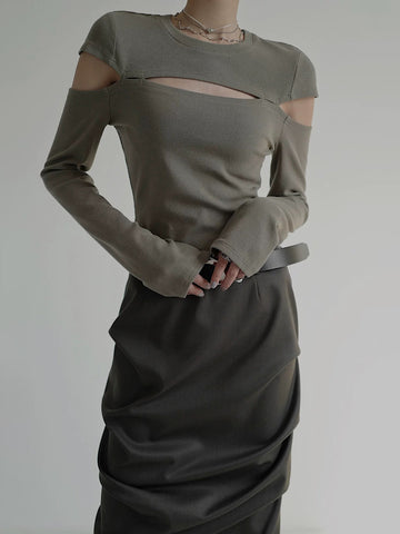 Brick Lane Skimming Cut Out Chest Detail Top - Sage Green