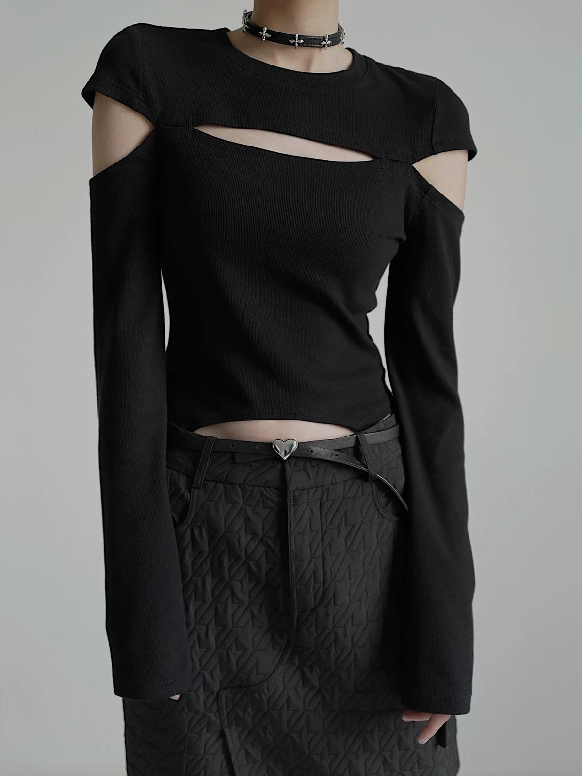 Brick Lane Skimming Cut Out Shoulder Long Sleeve - Black