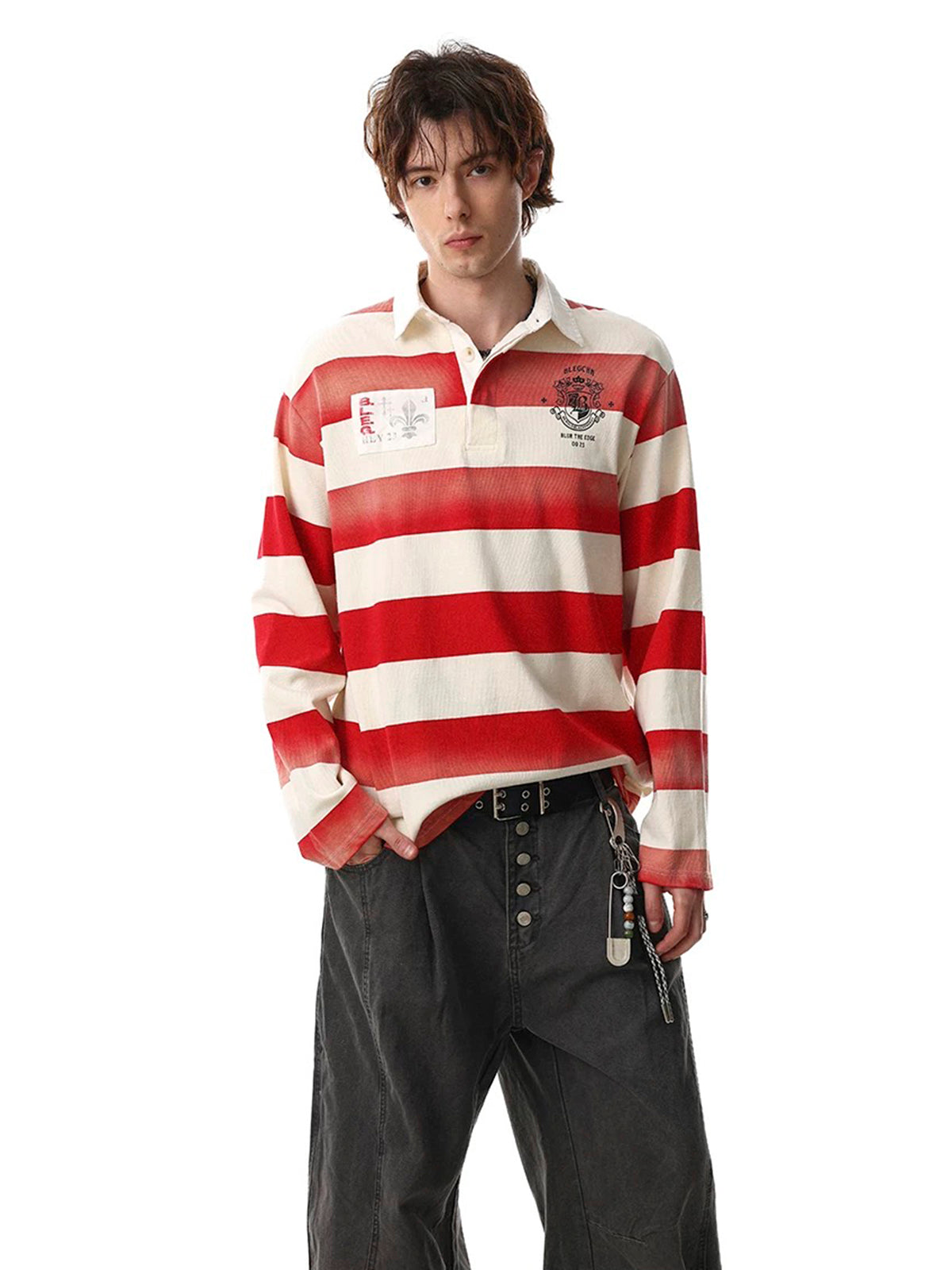 Co-ed Dorm Baggy Stripe Graphic Ruger Polo - Red