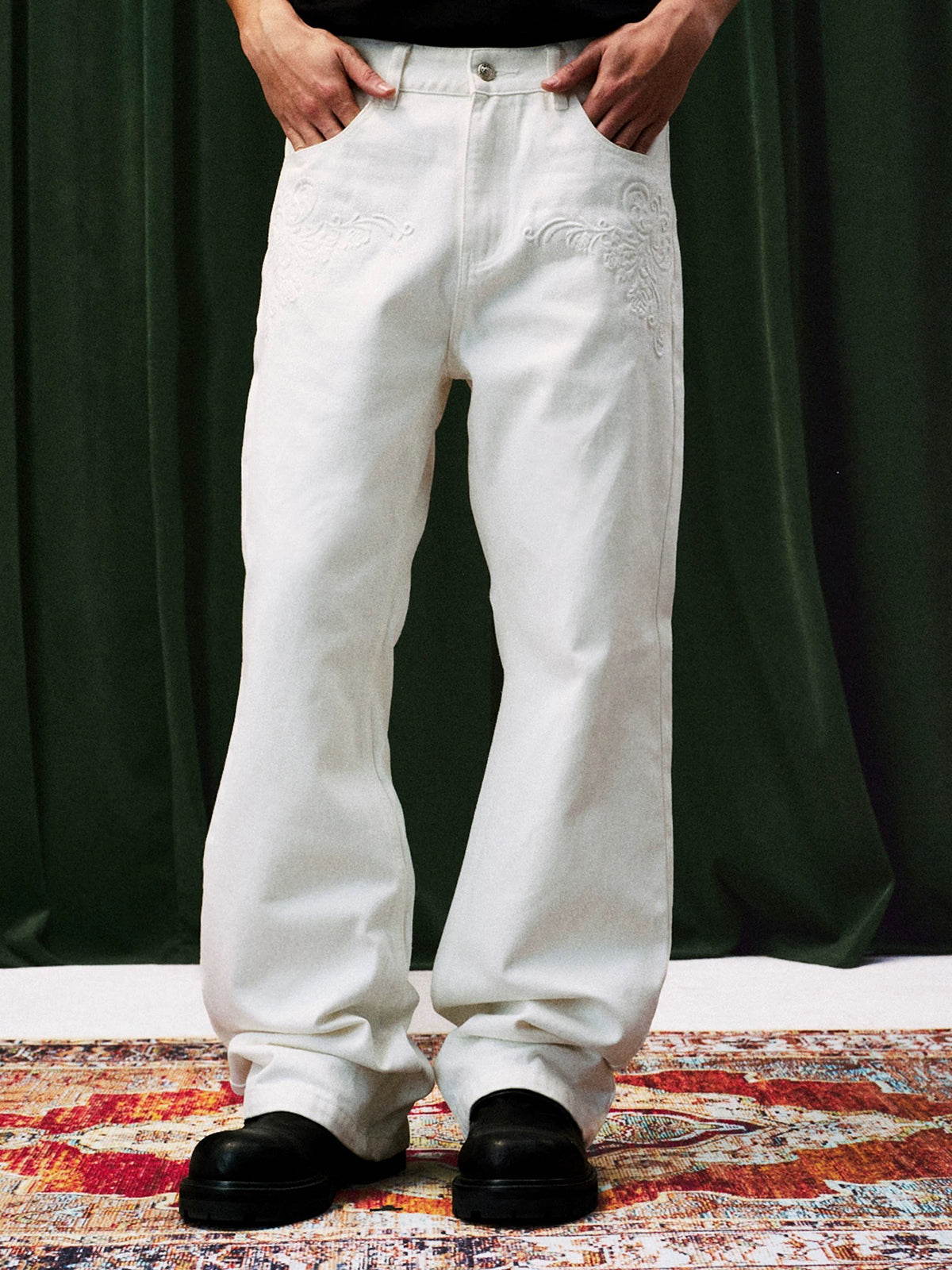 Co-ed Dorm Straight Embroidered Patchwork Pants - White