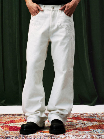 Co-ed Dorm Straight Embroidered Patchwork Pants - White
