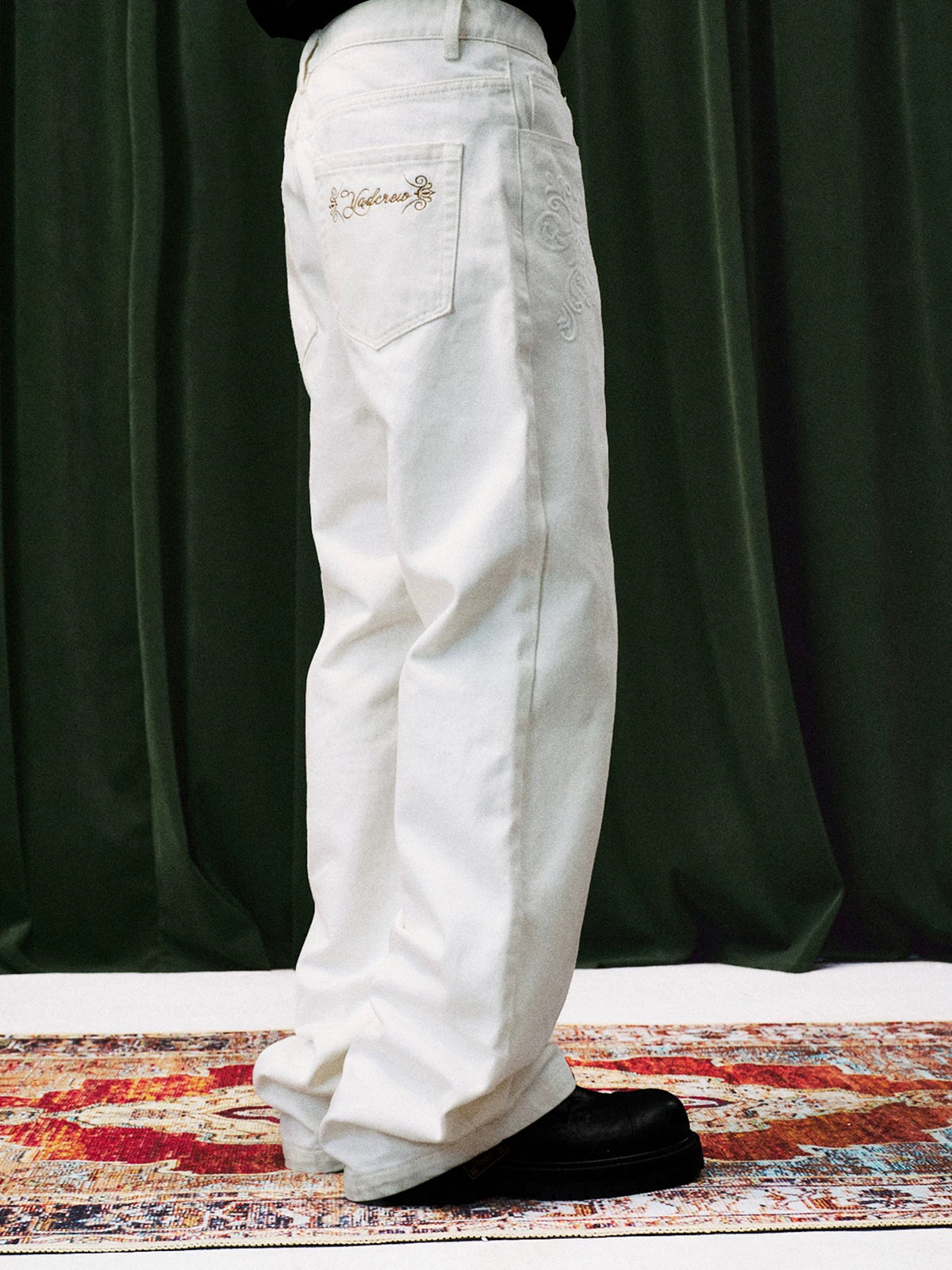 Co-ed Dorm Straight Embroidered Patchwork Pants - White
