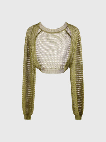 Dolled Office Baggy Hollow Knit Shrug Sweater - Sage Green