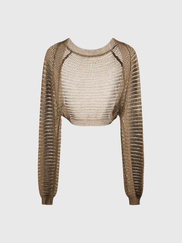 Dolled Office Baggy Hollow Knit Shrug Sweater - Coffee