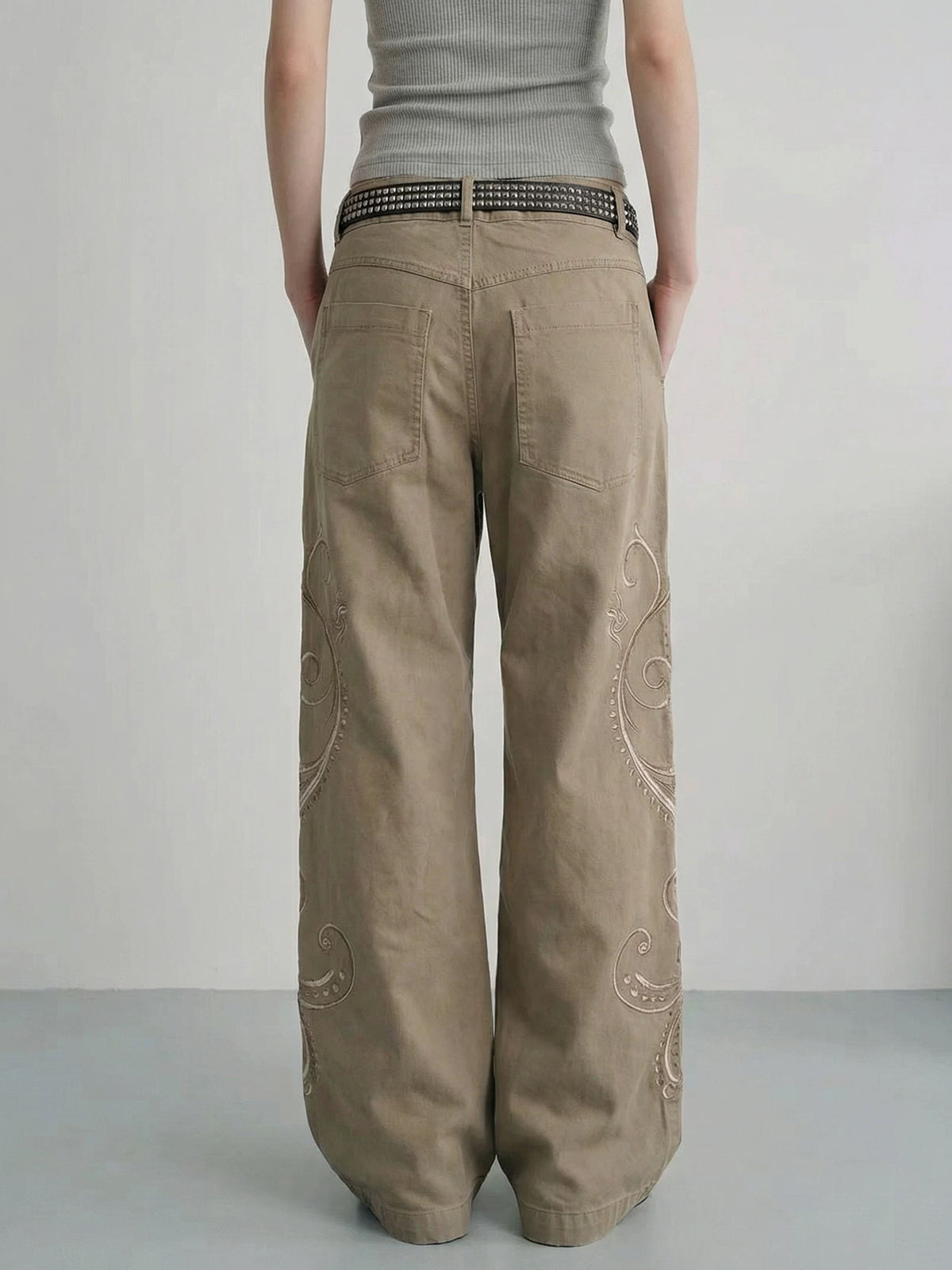Brick Lane Straight Embroidered Distressed Cargo Pants - Khaki