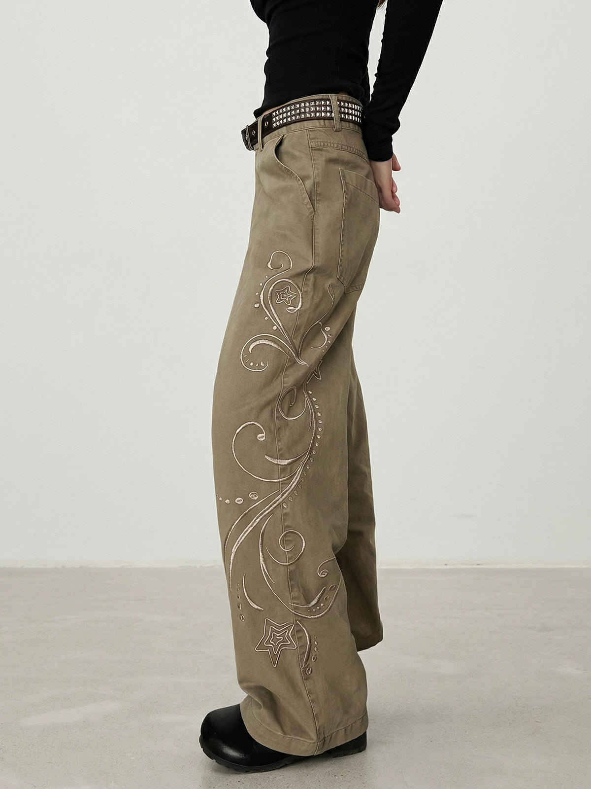 Brick Lane Straight Embroidered Distressed Cargo Pants - Khaki