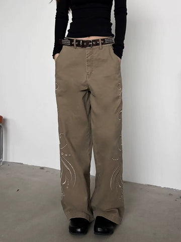 Brick Lane Straight Embroidered Distressed Cargo Pants - Khaki
