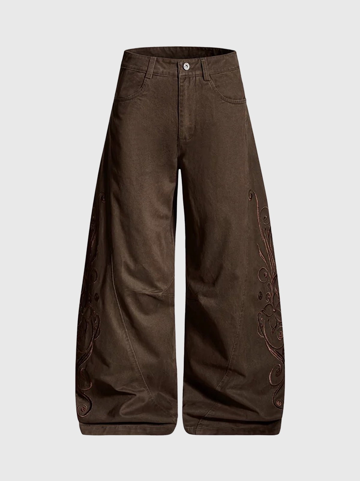 Brick Lane Curved Cut Embroidered Utility Pants - Coffee