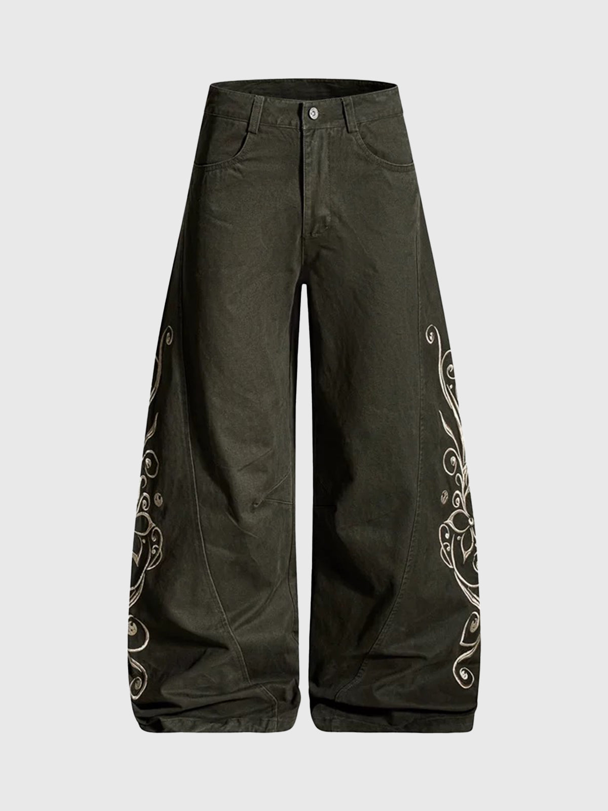 Brick Lane Curved Cut Embroidered Utility Cargo Pants - Olive