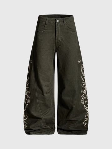 Brick Lane Curved Cut Embroidered Utility Cargo Pants - Olive