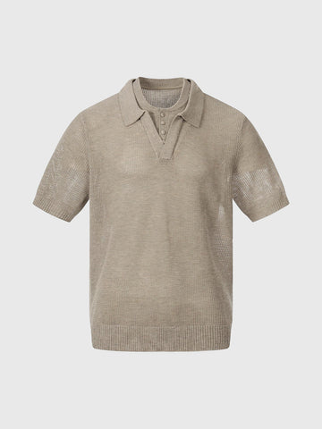 Co-ed Dorm Layered-look Hollow Knit Polo Shirt - Oatmeal