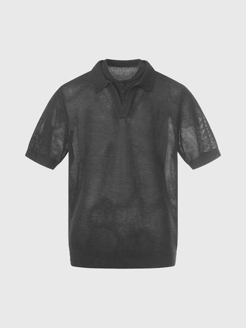 Co-ed Dorm Layered-look Hollow Knit Polo Shirt - Charcoal