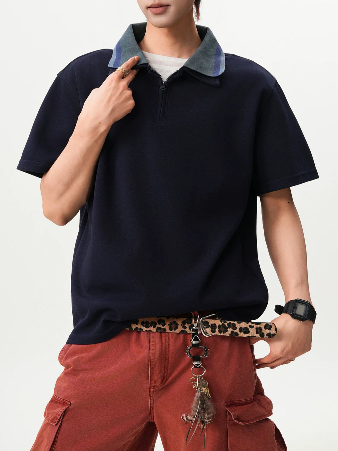 Co-ed Dorm Baggy Contrast Collar Polo Shirt - Navy