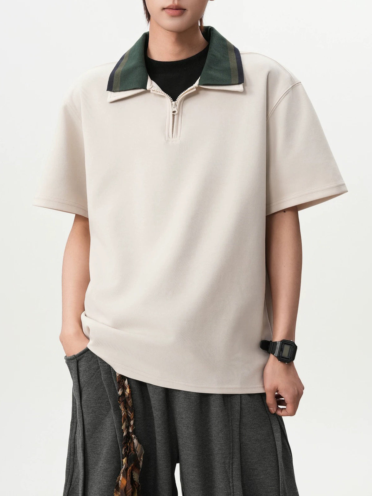 Co-ed Dorm Baggy Contrast Collar Polo Shirt - Apricot