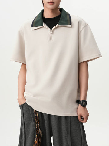 Co-ed Dorm Baggy Contrast Collar Polo Shirt - Apricot