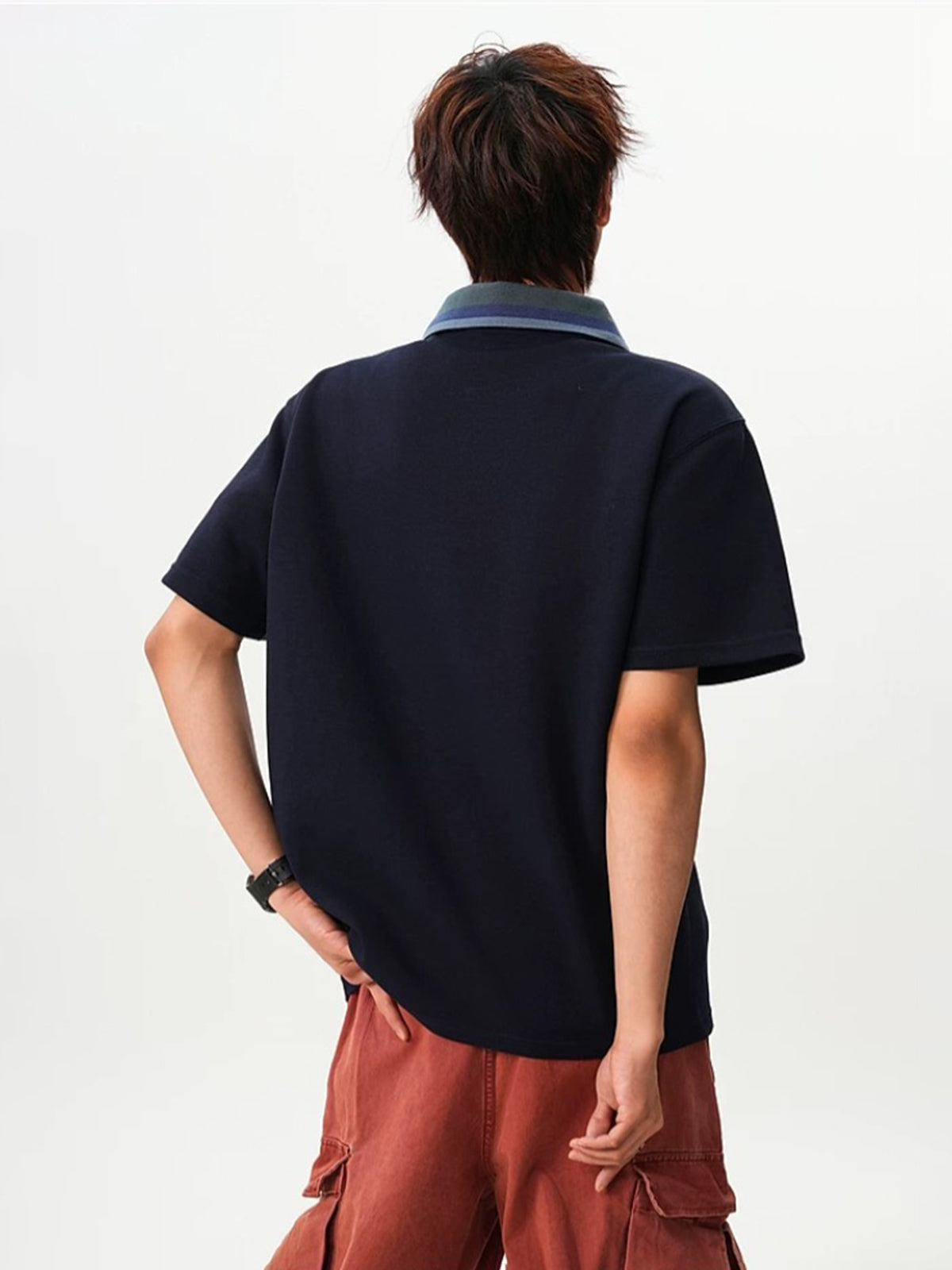 Co-ed Dorm Baggy Contrast Collar Polo Shirt - Navy