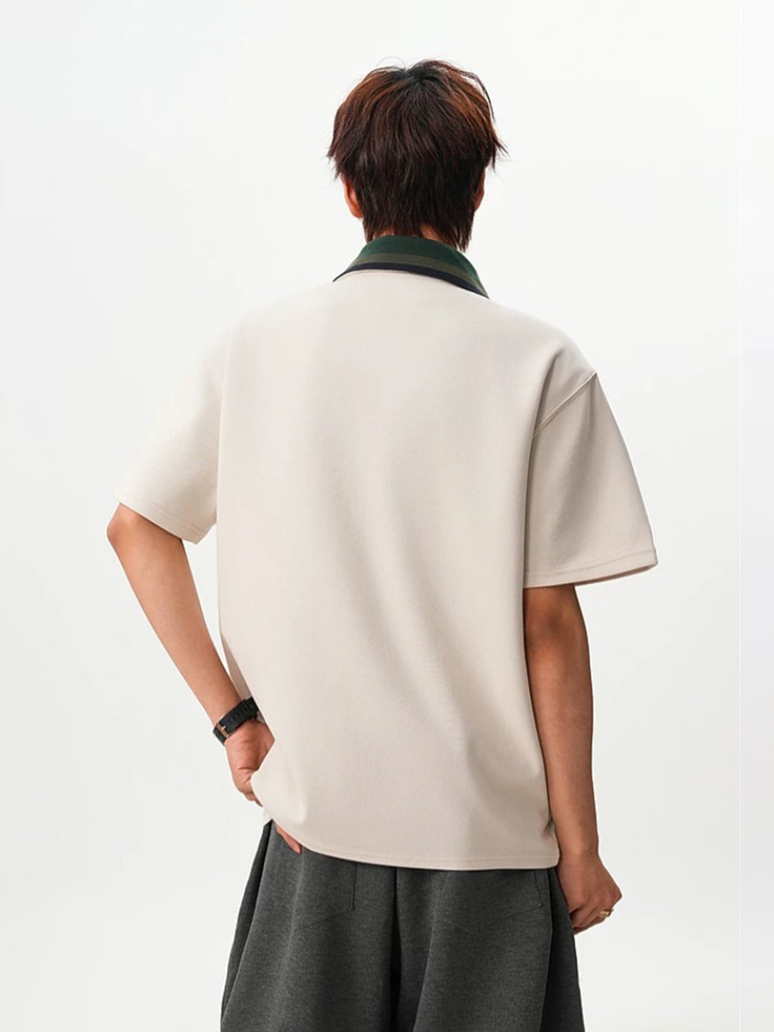 Co-ed Dorm Baggy Contrast Collar Polo Shirt - Apricot