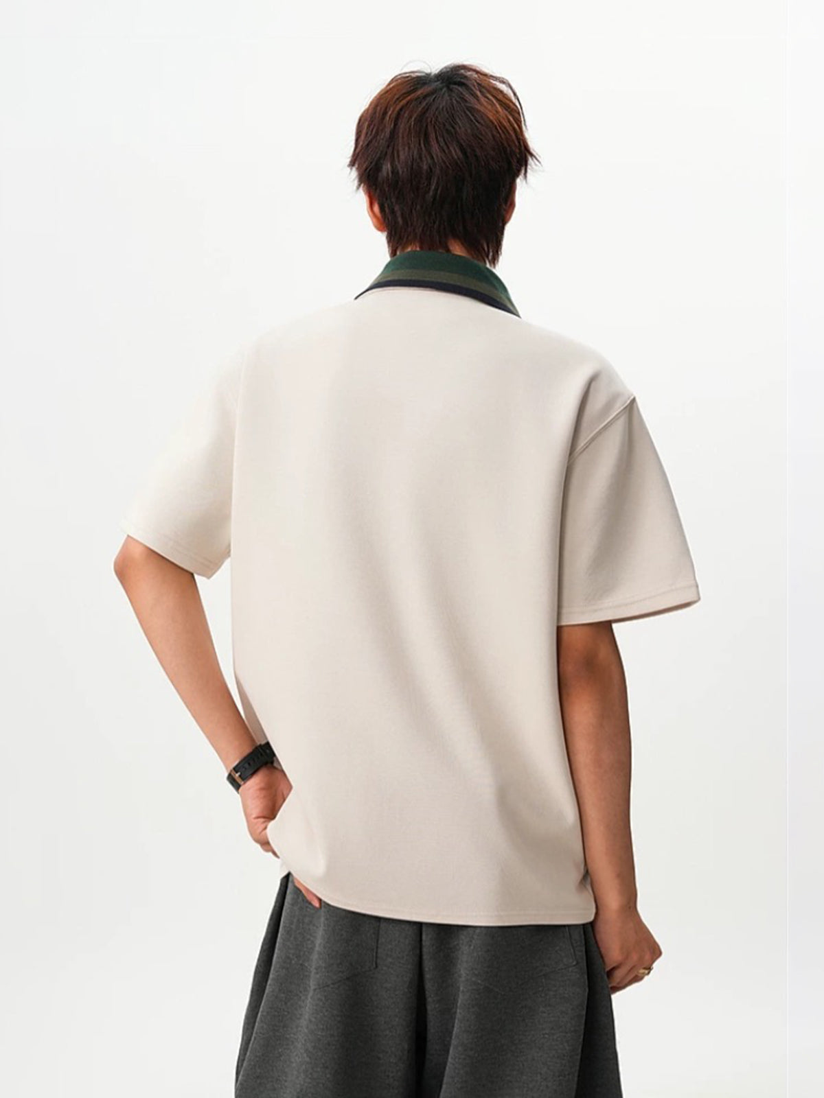 Co-ed Dorm Baggy Contrast Collar Polo Shirt - Apricot