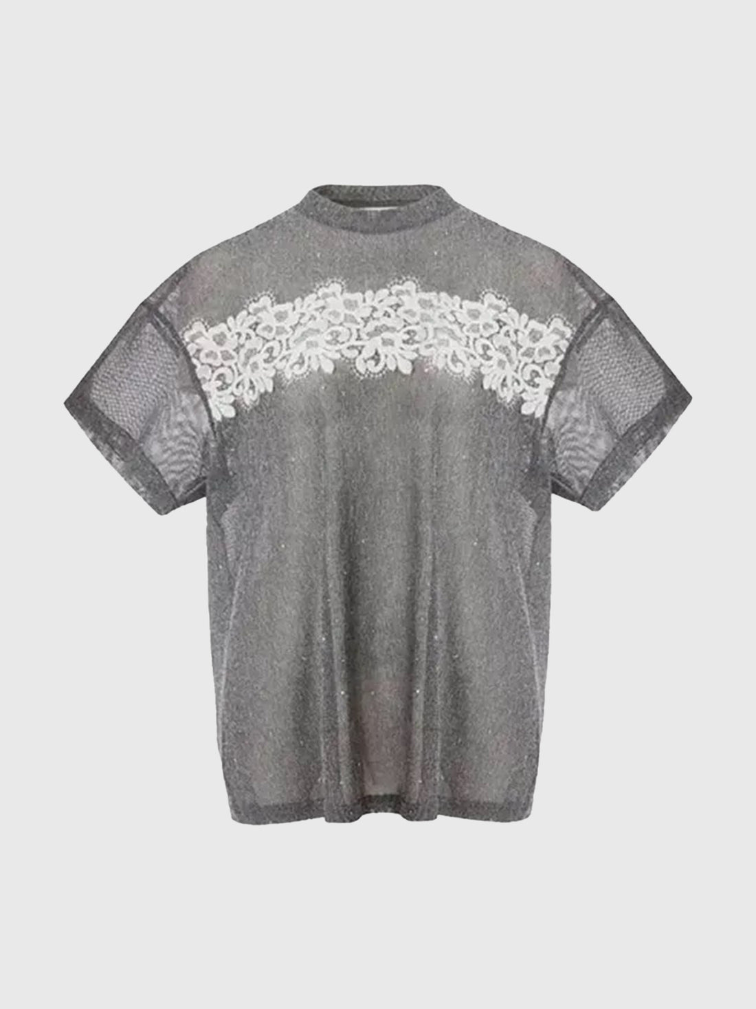 Brick Lane Baggy Lace Mesh Sheer Patchwork Top - Grey