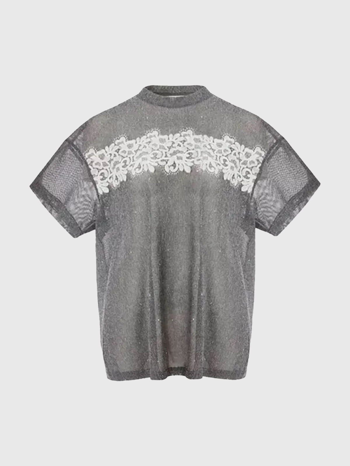 Brick Lane Baggy Lace Mesh Sheer Patchwork Top - Grey