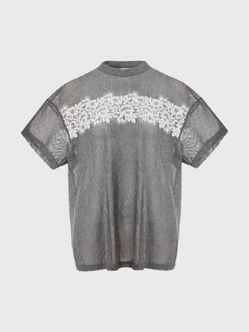 Brick Lane Baggy Lace Mesh Sheer Patchwork Top - Grey