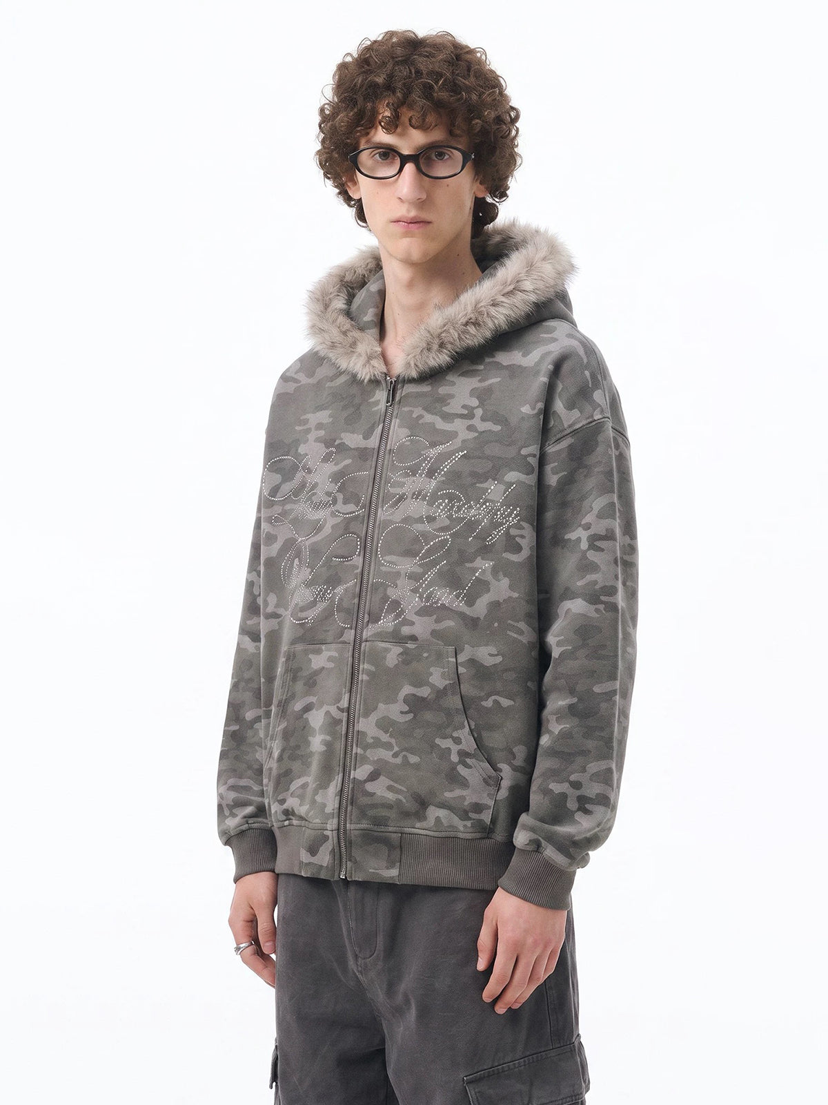 Co-ed Dorm Baggy Fur Trim Rhinestone Zip-up Hoodie - Grey