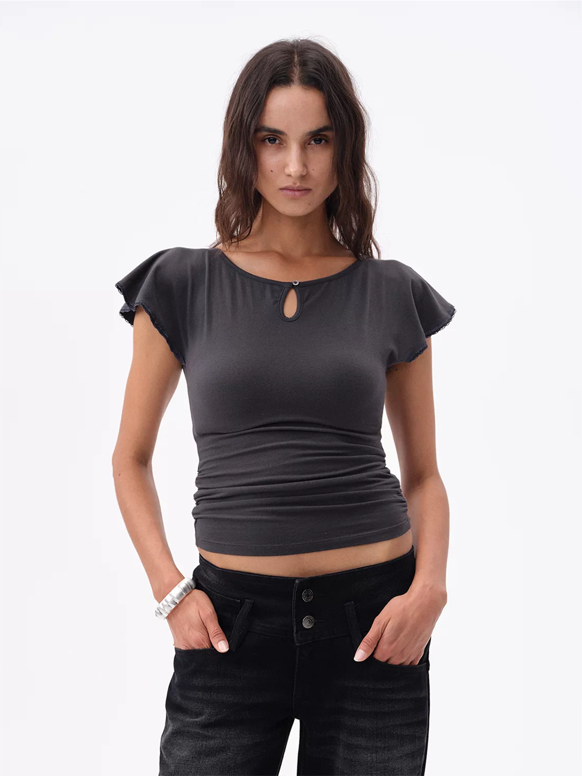 Brick Lane Ruffled Open Back Cap Sleeve Top - Charcoal