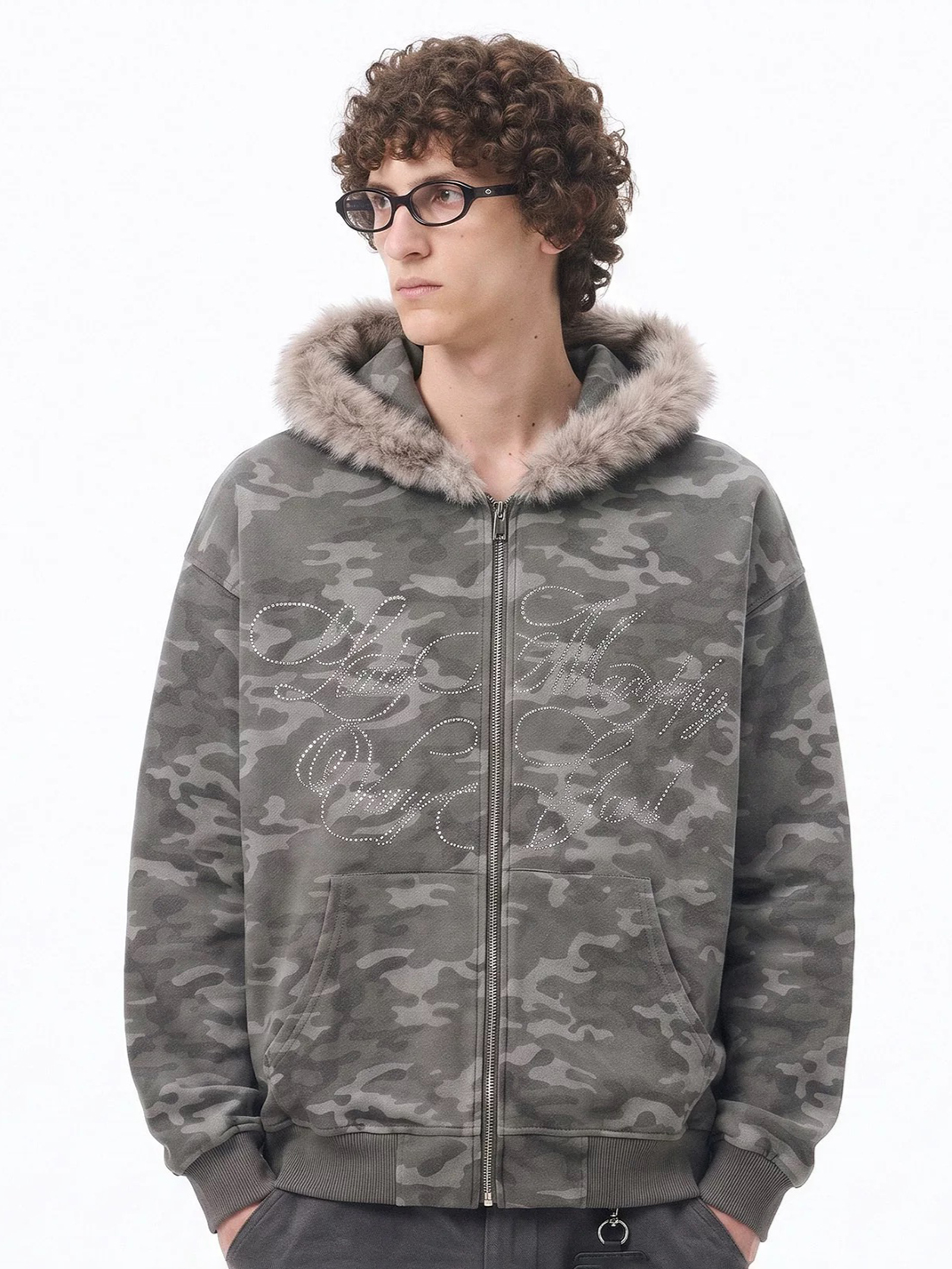 Co-ed Dorm Baggy Fur Trim Rhinestone Zip-up Hoodie - Grey