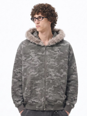Co-ed Dorm Baggy Fur Trim Rhinestone Zip-up Hoodie - Grey