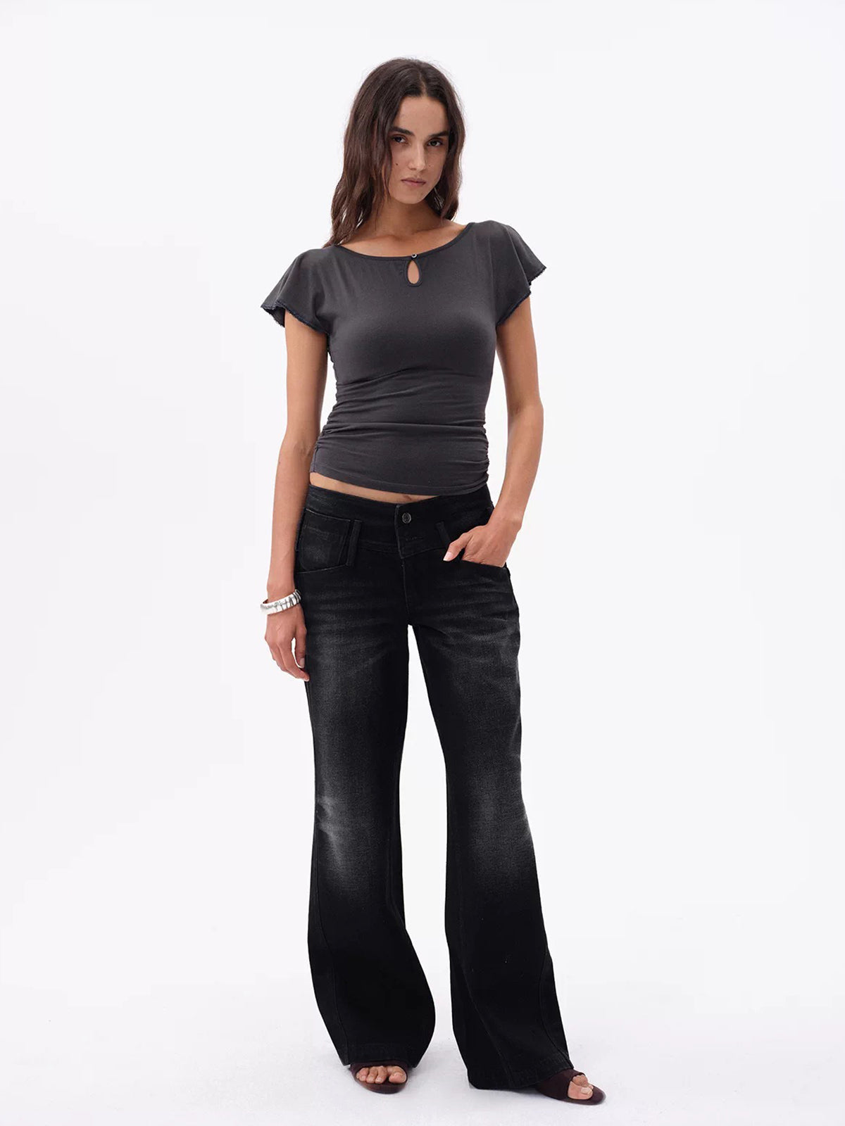 Brick Lane Ruffled Open Back Cap Sleeve Top - Charcoal