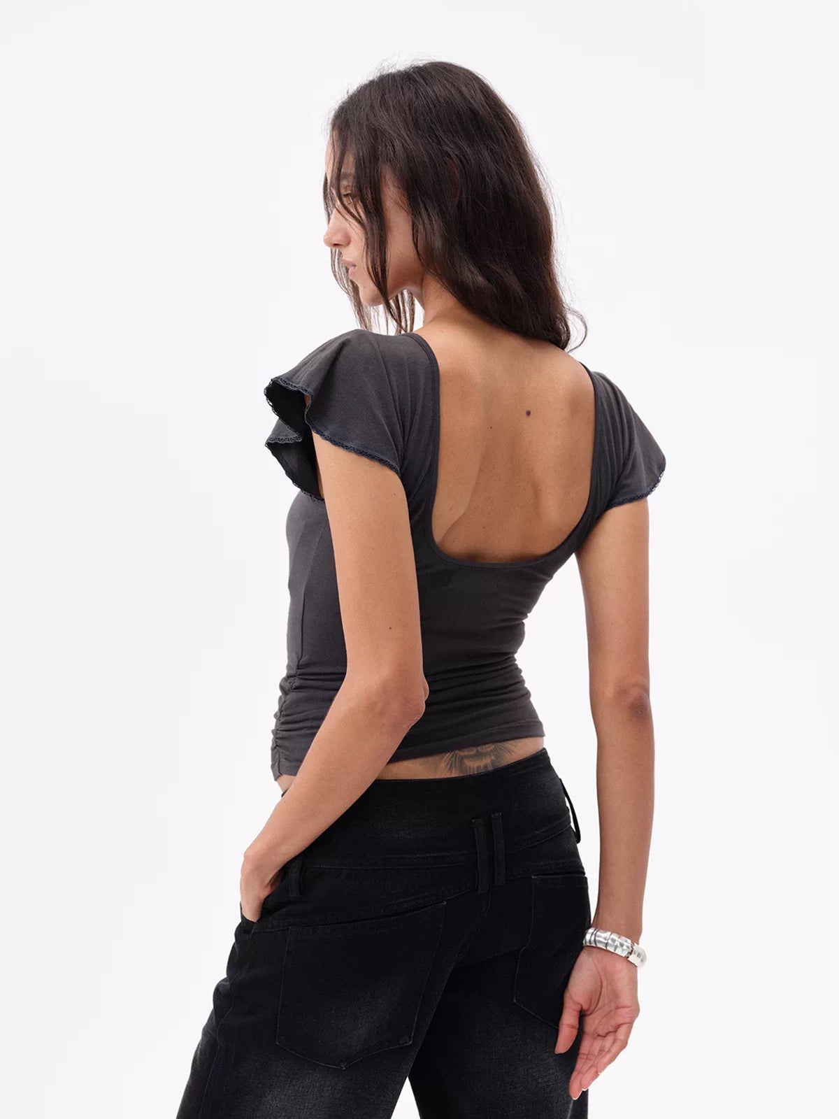 Brick Lane Ruffled Open Back Cap Sleeve Top - Charcoal