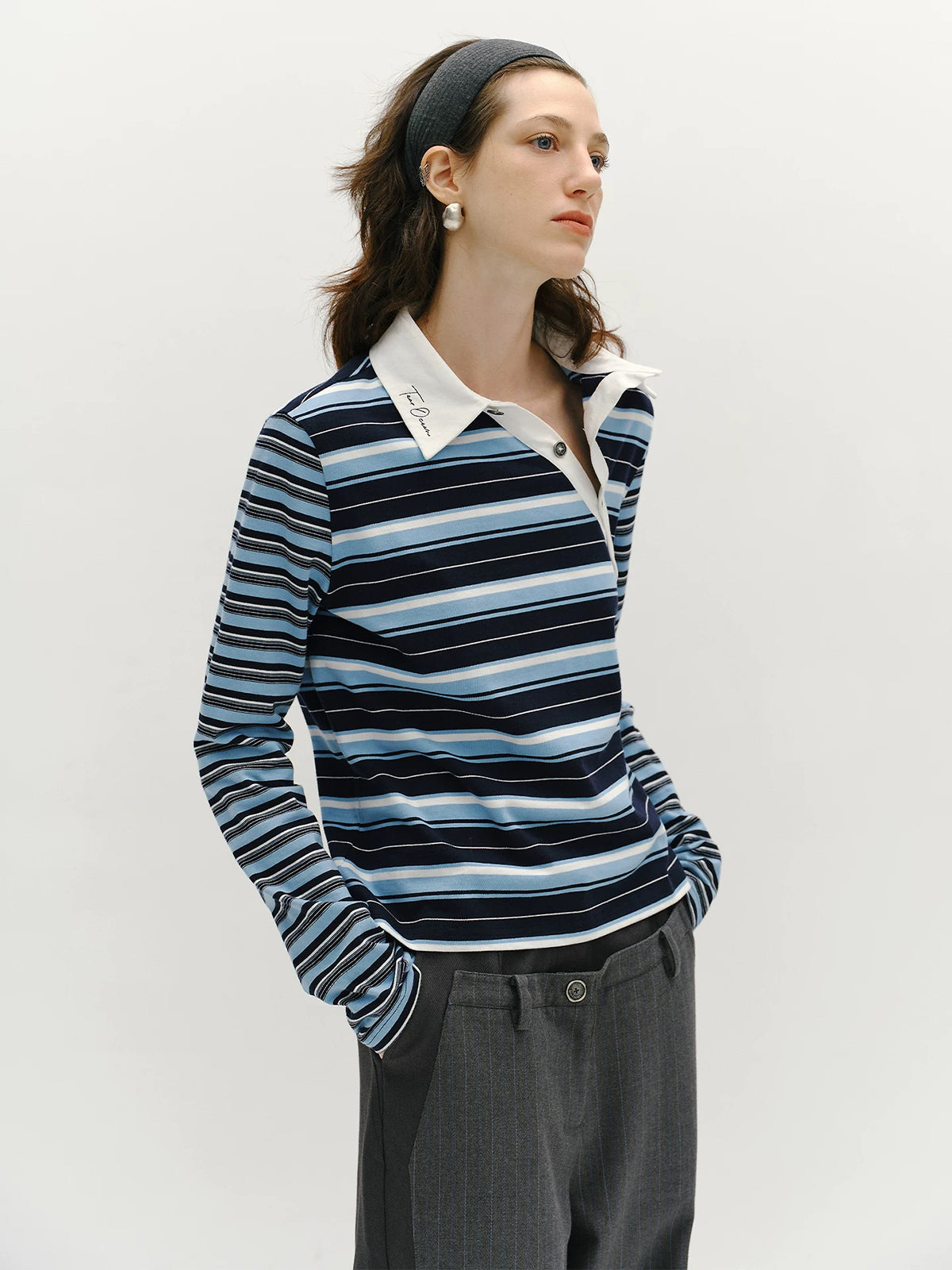 Brick Lane Asymmetric Stripe Wrap Knit Top - Blue/White