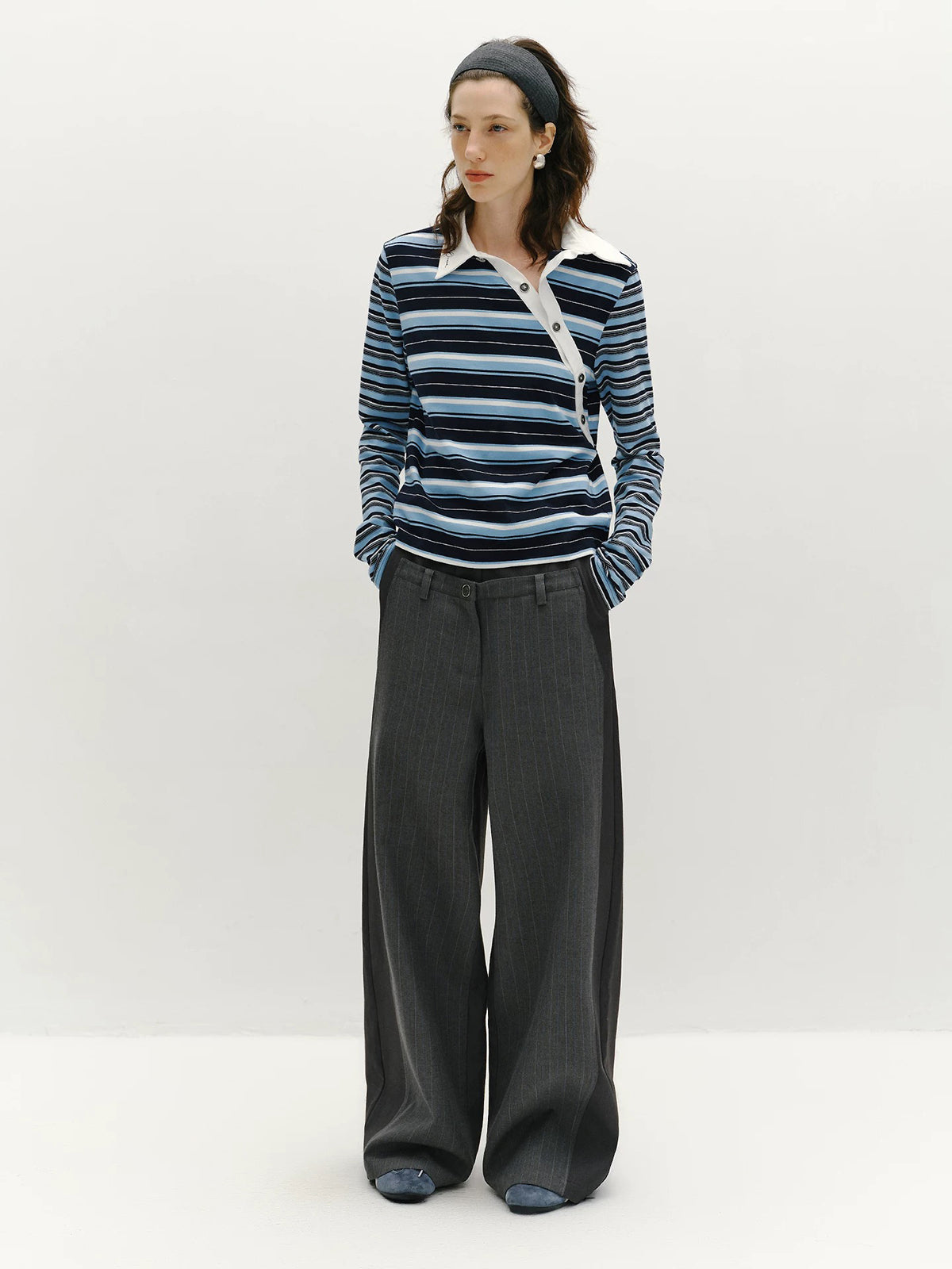 Brick Lane Asymmetric Stripe Wrap Knit Top - Blue/White