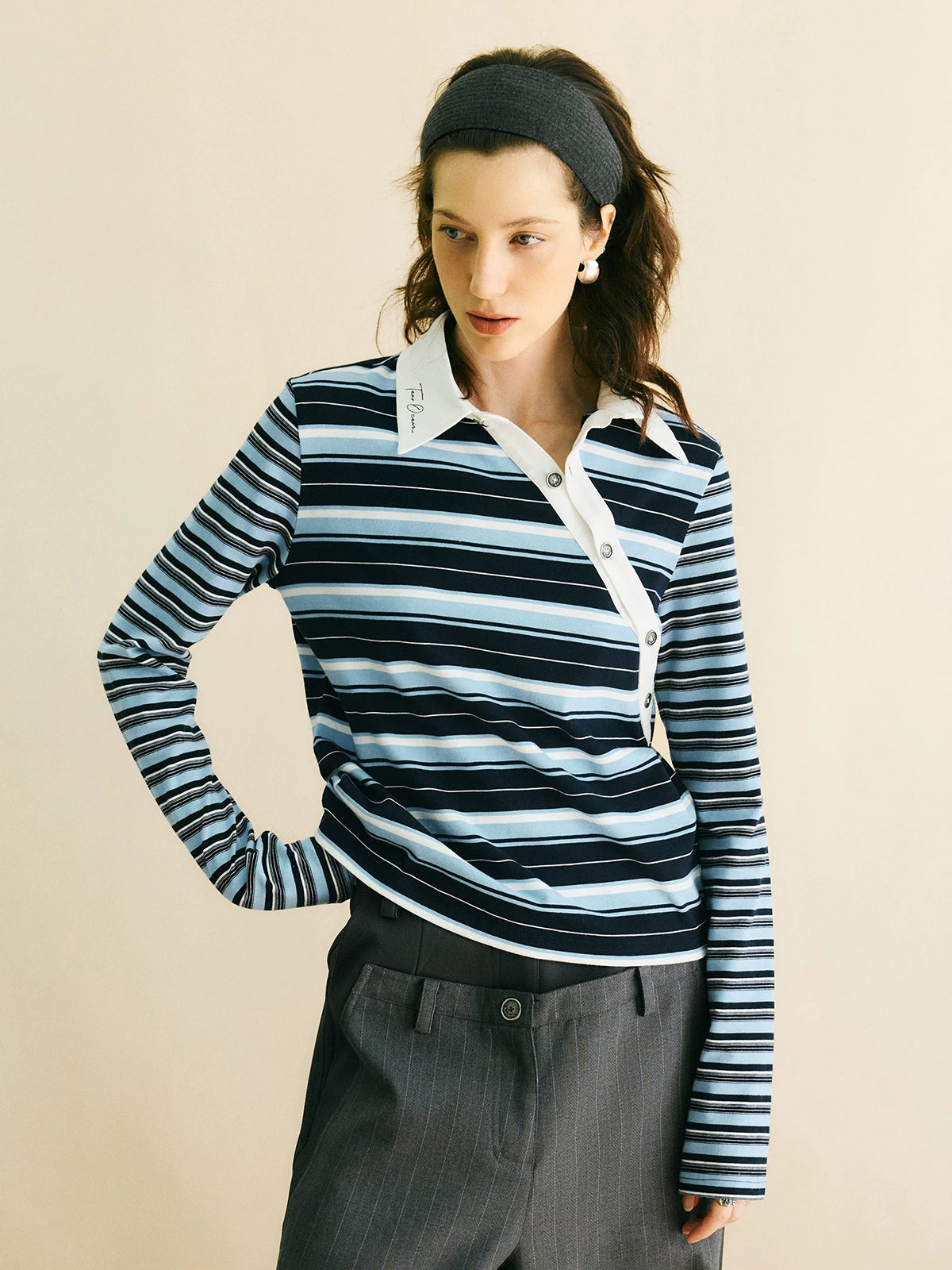 Brick Lane Asymmetric Stripe Wrap Knit Top - Blue/White